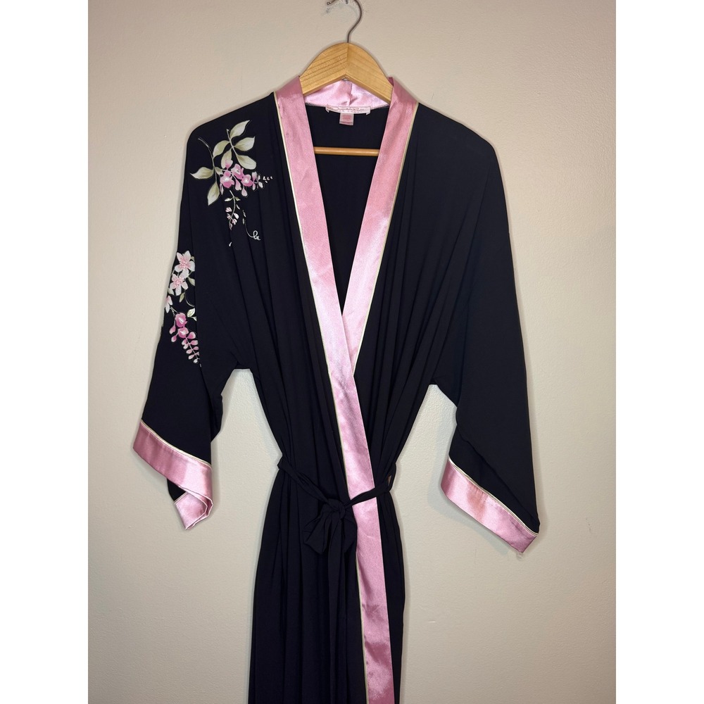Oscar de la Renta Pink Label Black Pink Floral Embroidered Kimono Robe L/XL - Picture 1 of 4